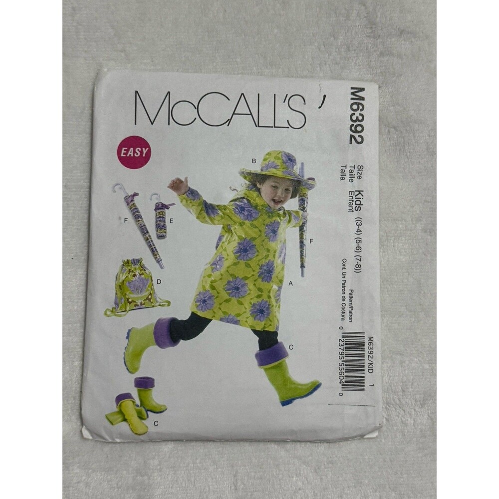 McCalls M6392 Sewing Pattern Kids Size 3 - 8 Raincoat Hat Backpack Boot Liners
